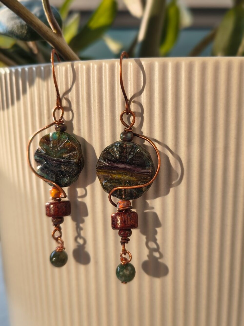 Artisan Boho Carved Glass & Copper Wire Dangle Earrings
